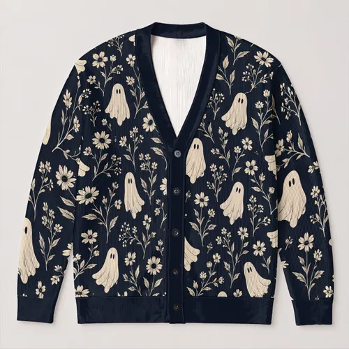 Ghost And Wildflower Motifs For Cozy Autumn Halloween Outings And Everyday Wear All-over Print Knitted Cardigan