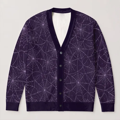 Dark Purple Spiderwebs for Halloween Parties and Spooky Season Outings All-over Print Knitted Cardigan