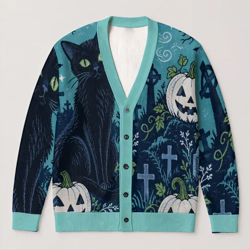 Black Cat and Jack-O’-Lantern Halloween Scene for Cozy Autumn Layering Gift for Cat Lovers All-over Print Knitted Cardigan