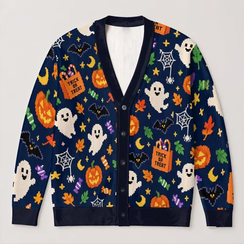 Halloween Ghost Pumpkin Motifs for Cozy Autumn Celebrations and Festive Seasonal Style All-over Print Knitted Cardigan