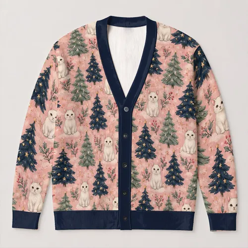 Cozy Winter Cats And Evergreen Trees For Festive Everyday Layering All-over Print Knitted Cardigan