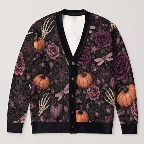 Halloween Pumpkins, Roses And Spiderwebs For Cozy Autumn Nights And Fall Outings All-over Print Knitted Cardigan