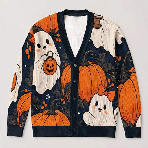 Cute Ghosts And Pumpkins For Halloween Celebrations And Cozy Autumn Days For Women All-over Print Knitted Cardigan
