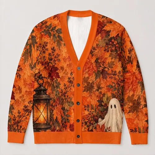 Autumn Lantern And Friendly Ghost For Halloween Gatherings And Cozy Fall Days Outdoors All-over Print Knitted Cardigan
