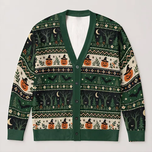 Halloween Pumpkins, Bats & Haunted Woods for Cozy Spooky Holiday Gatherings and Parties All-over Print Knitted Cardigan