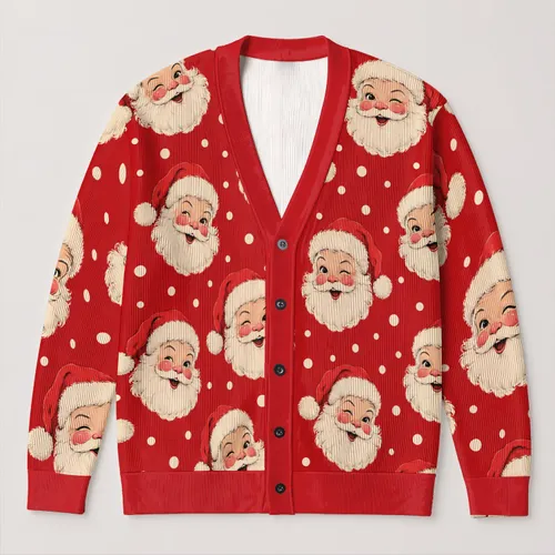 Winking Santa Claus Faces for Playful Christmas Holiday Layering All-over Print Knitted Cardigan