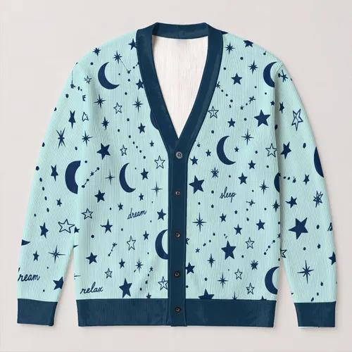 Celestial Moon And Star Night Sky Motifs For Cozy Bedtime Lounging At Home All-over Print Knitted Cardigan