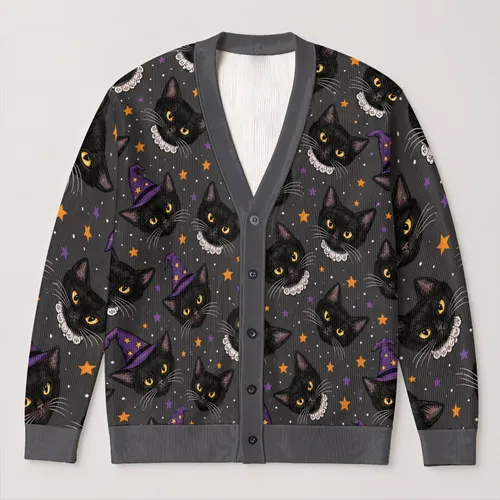 Black Cats, Witch Hats And Stars For Whimsical Autumn Everyday Wear All-over Print Knitted Cardigan
