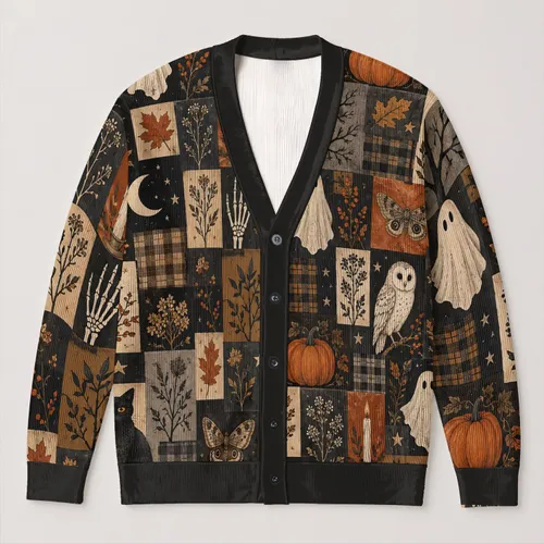 Vintage Halloween Ghost Owl Cat Pumpkin Crow Moth for Cozy Autumn Nights All-over Print Knitted Cardigan