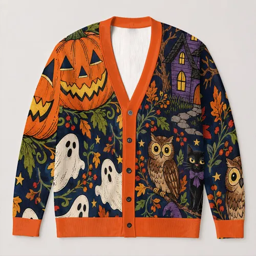 Pumpkin, Black Cat and Haunted House Halloween Autumn Fall Style for Women All-over Print Knitted Cardigan