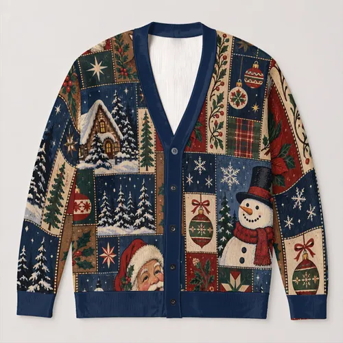 Santa and Snowman Holiday Scenes for Cozy Christmas Gatherings and Festive Winter Wear All-over Print Knitted Cardigan