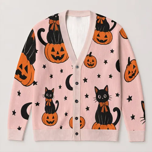 Black Cats on Jack-o'-Lanterns for Cozy Halloween Evenings and Autumn Gatherings All-over Print Knitted Cardigan