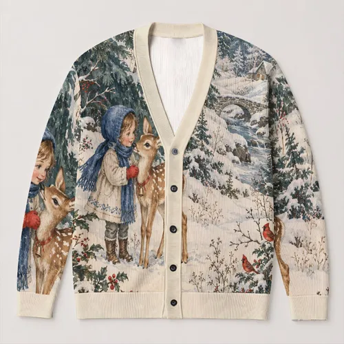 Storybook Child And Deer In A Snowy Woodland For Cozy Winter Days All-over Print Knitted Cardigan
