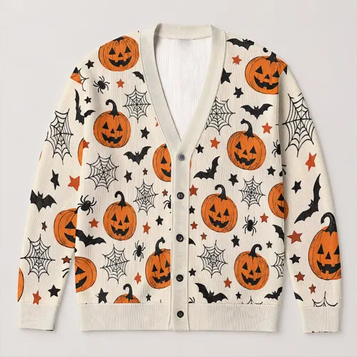 Jack O Lantern Pumpkin Halloween Motifs for Festive Autumn Everyday Layering All-over Print Knitted Cardigan