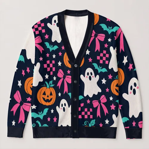 Ghost Pumpkin Bows for Playful Halloween Parties and Autumn Gatherings All-over Print Knitted Cardigan