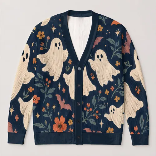 Ghosts, Bats & Autumn Flowers for Cozy Halloween Nights and Relaxed Fall Style All-over Print Knitted Cardigan
