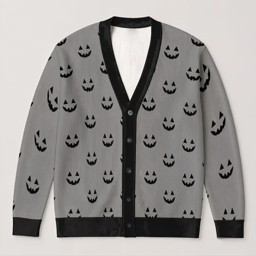 Black Jack-O'-Lantern Faces for Halloween Parties and Cozy Autumn Season Celebrations All-over Print Knitted Cardigan