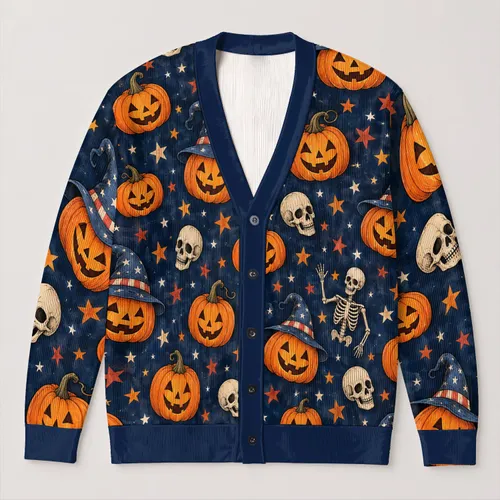 Pumpkin Skeleton Witch Hat Autumn Halloween Style For Women Cozy Seasonal Layering All-over Print Knitted Cardigan