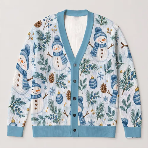 Snowmen And Blue Ornaments For Cozy Christmas Cheer, Winter Holidays, And Layering All-over Print Knitted Cardigan