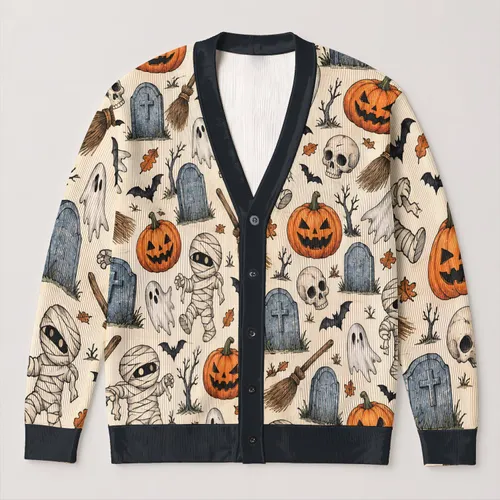 Halloween Mummy Pumpkin Motifs for Festive Autumn Layering and Casual Outings All-over Print Knitted Cardigan