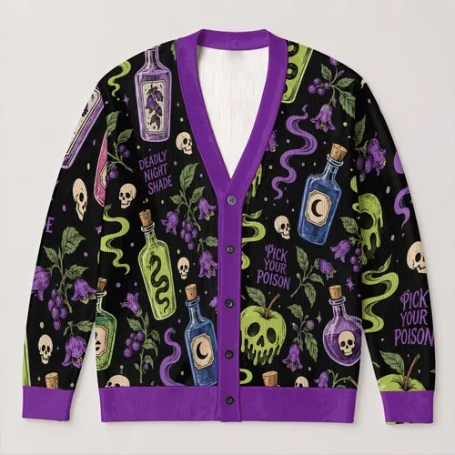 Poison Apple Potions for Spooky Halloween Nights and Villain-Themed Park Days All-over Print Knitted Cardigan