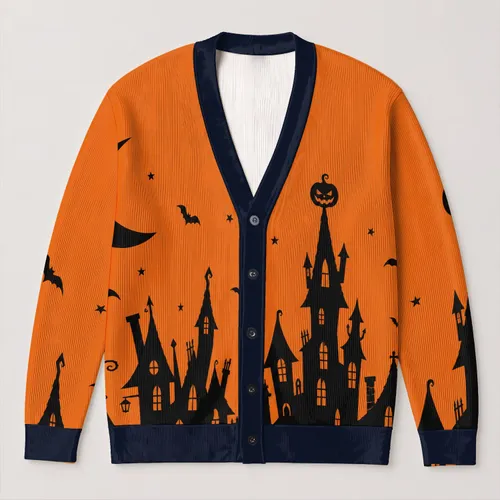 Haunted Pumpkin Tower and Crooked Village for Spooky Halloween Nights and Autumn Fun All-over Print Knitted Cardigan