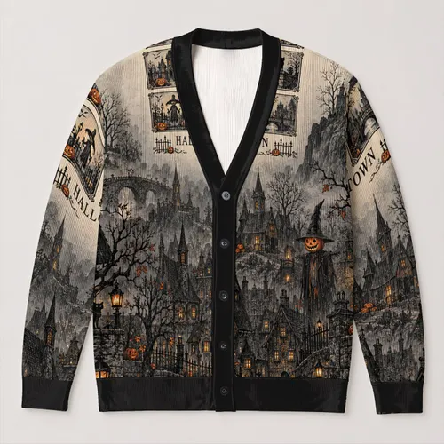 Haunted Halloween Town Pumpkin Village for Spooky Autumn Nights and Fall Gatherings All-over Print Knitted Cardigan