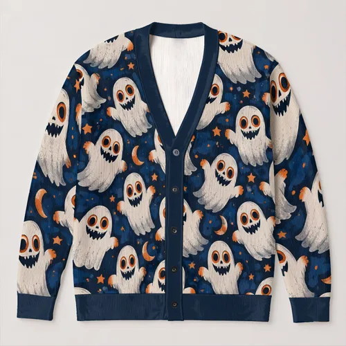 Playful Spooky Ghosts for Cozy Autumn Halloween Layering and Everyday Wear All-over Print Knitted Cardigan