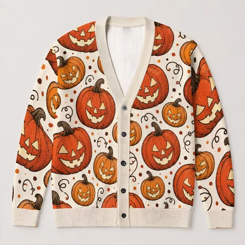 Carved Jack-O'-Lanterns for Halloween Gatherings and Cozy Autumn Days All-over Print Knitted Cardigan