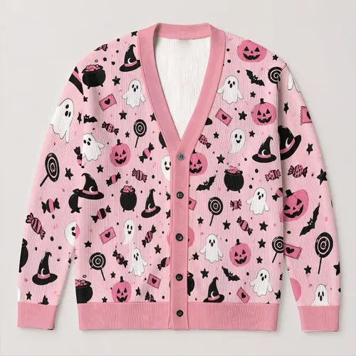 Halloween Pumpkins And Ghosts For Festive Autumn Outings And Cozy Seasonal Style All-over Print Knitted Cardigan