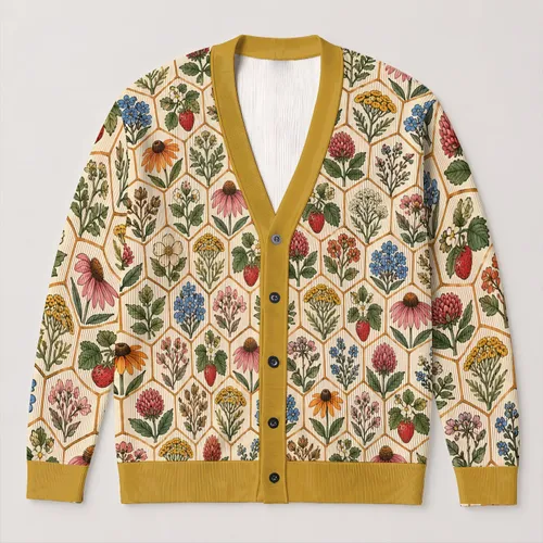 Botanical Honeycomb Flowers for Autumn Layering, Women's Cottagecore Everyday Style All-over Print Knitted Cardigan