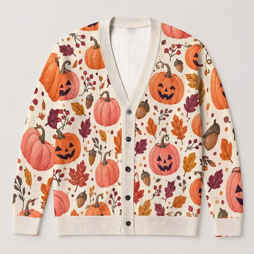 Pumpkin And Autumn Leaves For Festive Halloween Outings And Cozy Everyday Layering All-over Print Knitted Cardigan