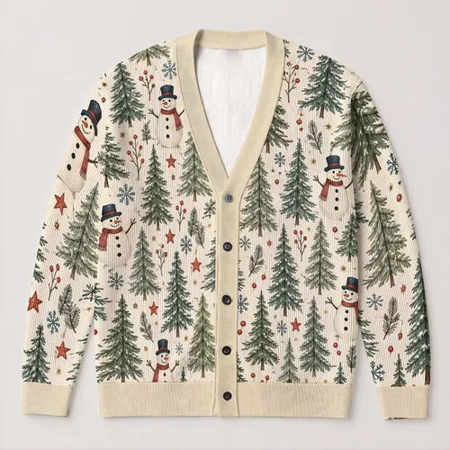 Snowmen and Evergreen Forest Holiday Cheer for Cozy Winter Layering Women's Seasonal Style All-over Print Knitted Cardigan