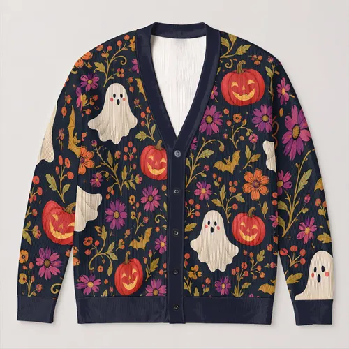 Ghosts And Jack-O’-Lanterns For Cozy Autumn Nights And Festive Weekend Layering Looks All-over Print Knitted Cardigan