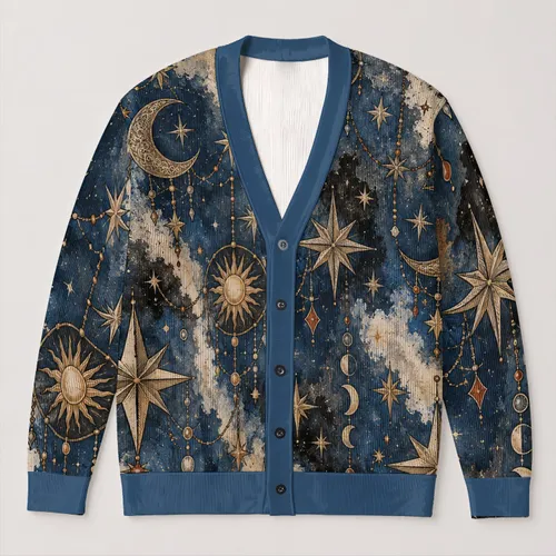 Celestial Gold Star And Chain Motifs For Relaxed Everyday Layering And Casual Style All-over Print Knitted Cardigan