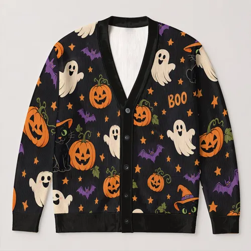 Halloween Pumpkins, Friendly Ghosts, Bats And Black Cats For Cozy Autumn Evenings All-over Print Knitted Cardigan