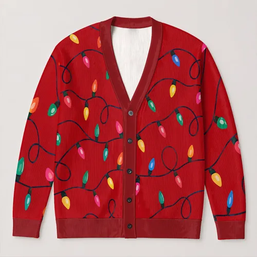Red Holiday String Lights Cozy Layering Gift For Women Christmas Party Outfit Style All-over Print Knitted Cardigan