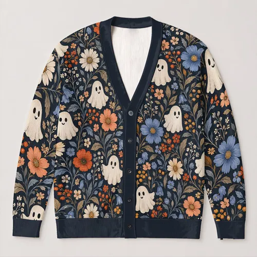 Whimsical Ghosts And Wildflowers For Autumn Layering And Everyday Casual Style For Women All-over Print Knitted Cardigan