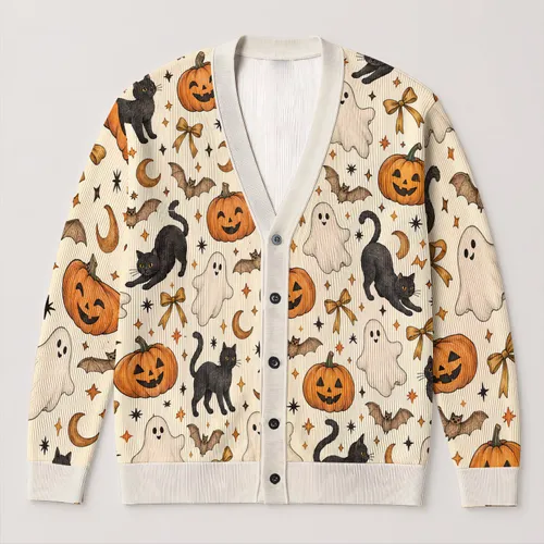 Halloween Pumpkin Cat Ghost Bat Motifs For Cozy Autumn Layering Women Seasonal Style All-over Print Knitted Cardigan