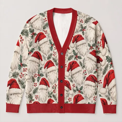 Santa Hat And White Beard Holiday Cheer For Festive Winter Layering And Seasonal Gifting All-over Print Knitted Cardigan