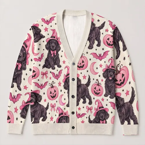 Pink Halloween Dogs, Bats, Pumpkins And Moons For Sweet Autumn Layering All Season All-over Print Knitted Cardigan