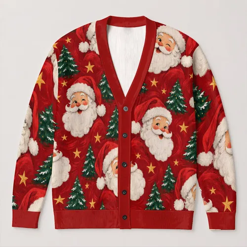 Santa Claus Holiday Faces and Pine Trees for Cozy Christmas Gatherings and Gifting All-over Print Knitted Cardigan