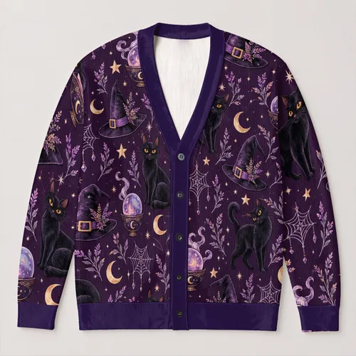 Mystical Crystal Ball Witch Hat Moon And Cat Motifs For Halloween Night Lounging Style All-over Print Knitted Cardigan