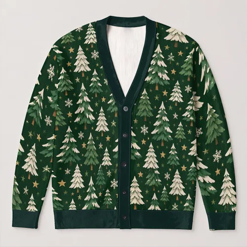 Snowy Evergreen Trees With Golden Stars For Festive Winter Outings Women's Holiday Wear All-over Print Knitted Cardigan