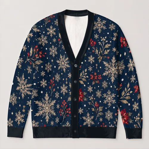 Navy Snowflakes And Red Winter Florals For Cozy Holiday Layering At Home, Women All-over Print Knitted Cardigan