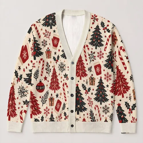 Red And Black Evergreen Trees, Ornaments And Snowflakes For Cozy Holiday Layering Style All-over Print Knitted Cardigan