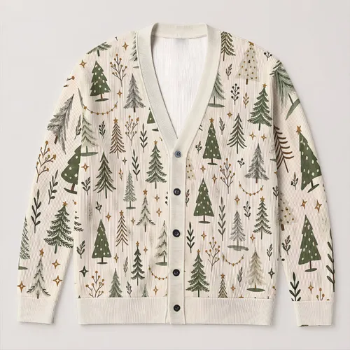 Winter Evergreen Tree Motifs for Cozy Holiday Layering and Fireside Gatherings Outdoors All-over Print Knitted Cardigan