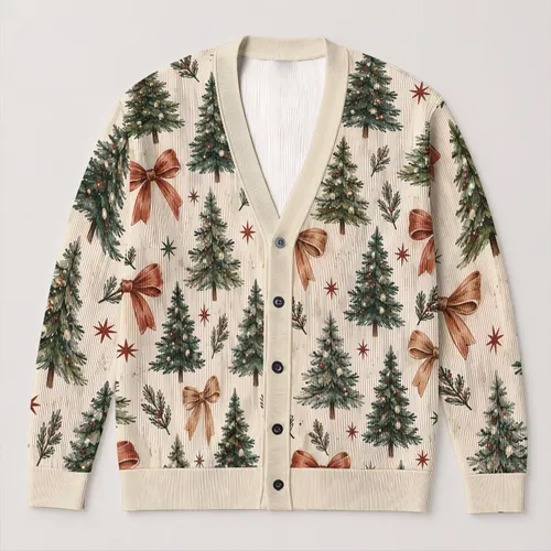 Christmas Tree Bow Holiday Layering Style for Women Cozy Winter Gatherings and Travel All-over Print Knitted Cardigan