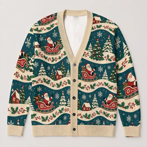 Vintage Santa Sleigh Christmas Holiday Style For Women Retro Nordic Seasonal Layering All-over Print Knitted Cardigan