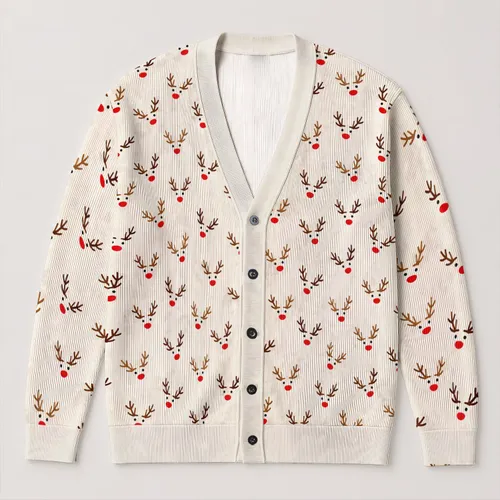 Whimsical Reindeer Faces for Cozy Autumn and Winter Layering Everyday Style All-over Print Knitted Cardigan
